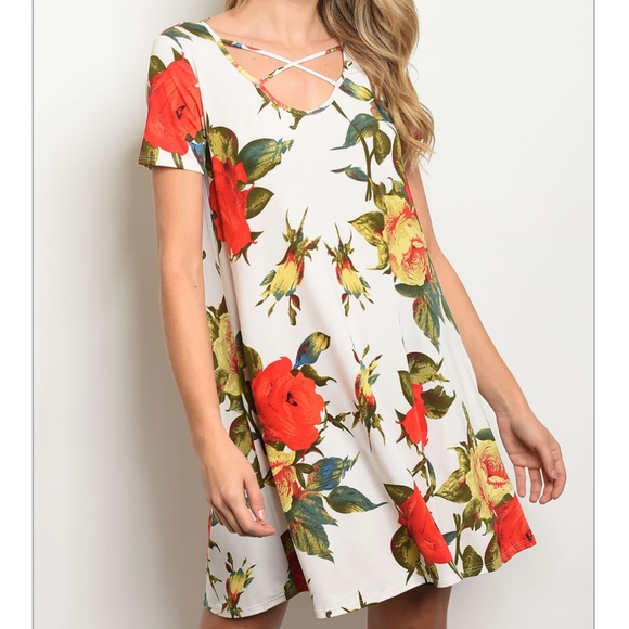 Dresses & Skirts - Short Sleeve Ivory Floral Dress